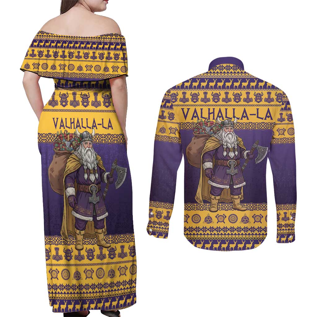 Merry Christmas from Vikingnations Couples Matching Off Shoulder Maxi Dress and Long Sleeve Button Shirt Valhalla-La Santa - Wonder Print Shop