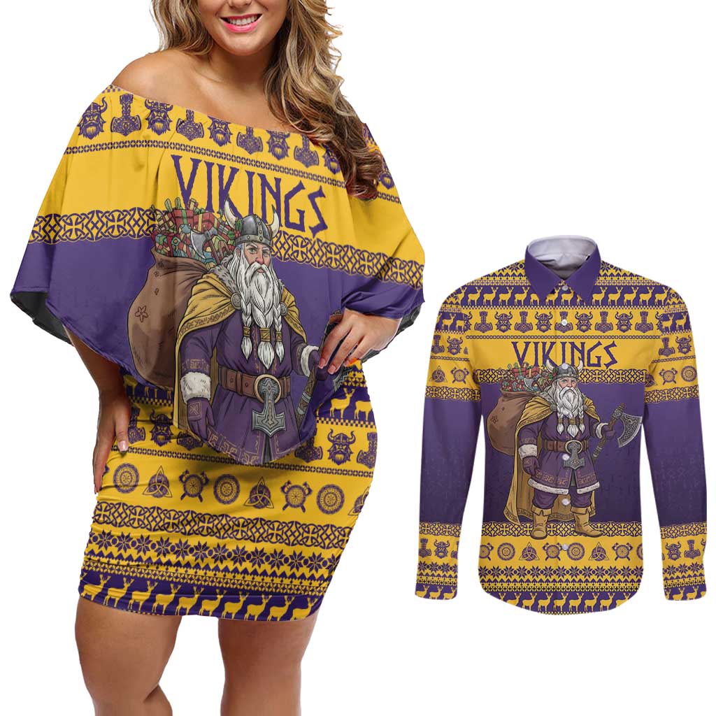 Merry Christmas from Vikingnations Couples Matching Off Shoulder Short Dress and Long Sleeve Button Shirt Valhalla-La Santa - Wonder Print Shop