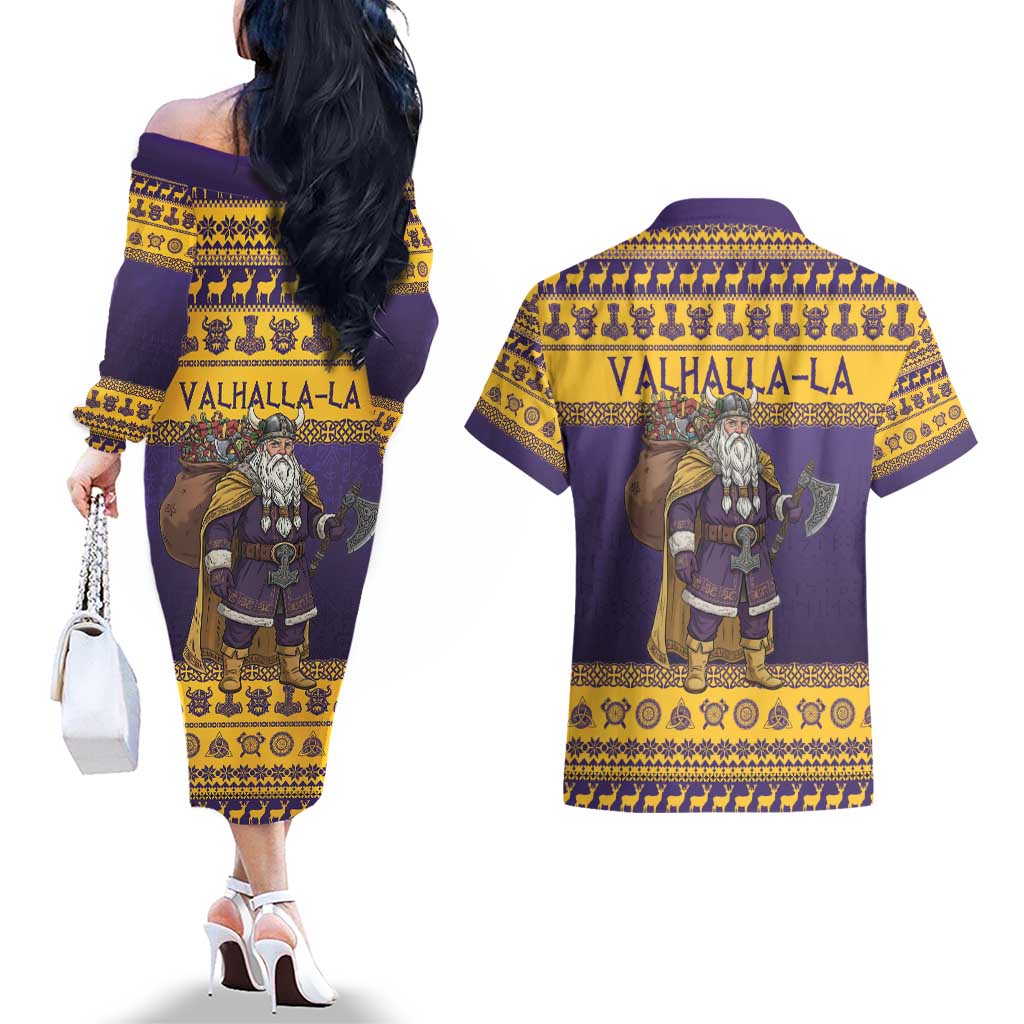 Merry Christmas from Vikingnations Couples Matching Off The Shoulder Long Sleeve Dress and Hawaiian Shirt Valhalla-La Santa - Wonder Print Shop
