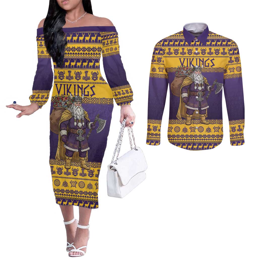 Merry Christmas from Vikingnations Couples Matching Off The Shoulder Long Sleeve Dress and Long Sleeve Button Shirt Valhalla-La Santa - Wonder Print Shop