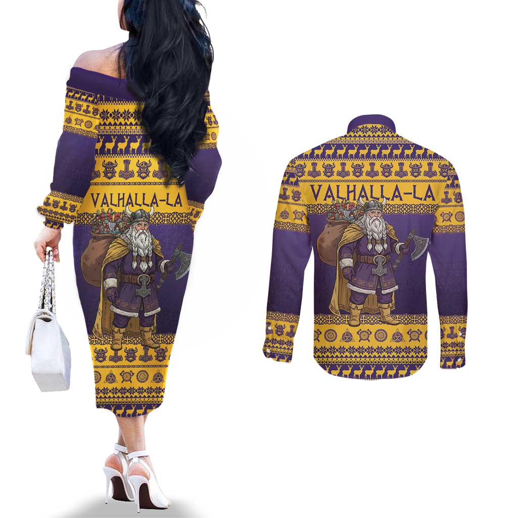 Merry Christmas from Vikingnations Couples Matching Off The Shoulder Long Sleeve Dress and Long Sleeve Button Shirt Valhalla-La Santa - Wonder Print Shop