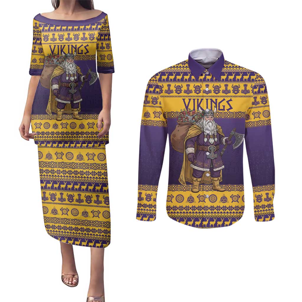 Merry Christmas from Vikingnations Couples Matching Puletasi and Long Sleeve Button Shirt Valhalla-La Santa - Wonder Print Shop