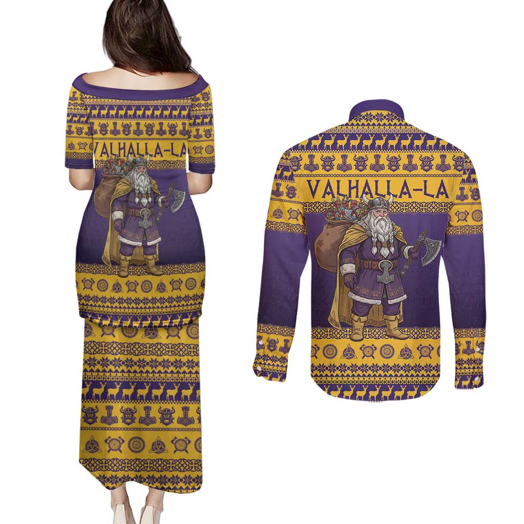 Merry Christmas from Vikingnations Couples Matching Puletasi and Long Sleeve Button Shirt Valhalla-La Santa - Wonder Print Shop