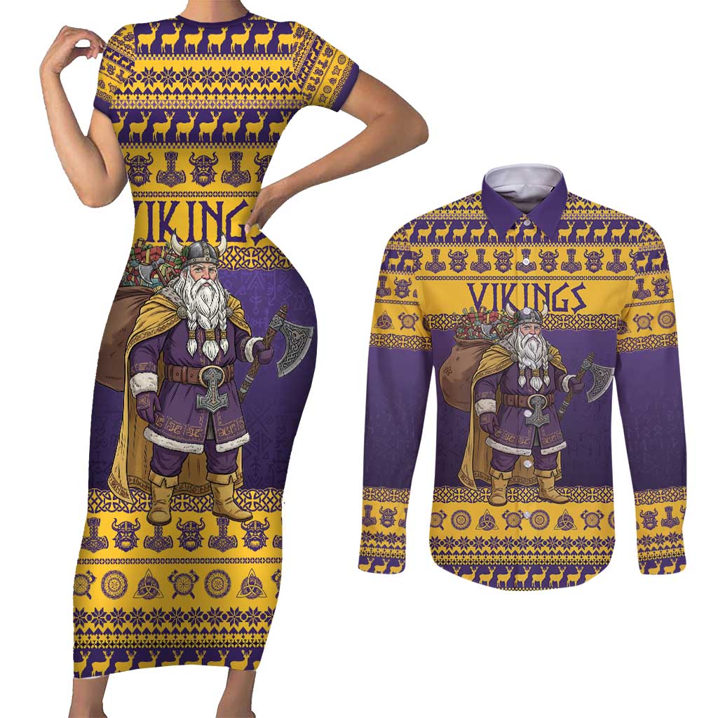 Merry Christmas from Vikingnations Couples Matching Short Sleeve Bodycon Dress and Long Sleeve Button Shirt Valhalla-La Santa - Wonder Print Shop