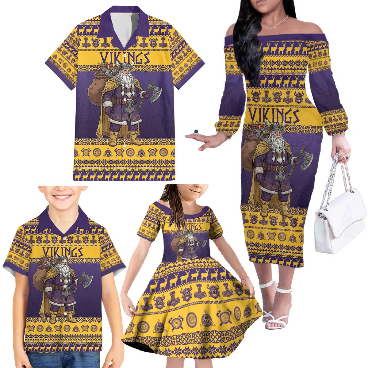 Merry Christmas from Vikingnations Family Matching Off The Shoulder Long Sleeve Dress and Hawaiian Shirt Valhalla-La Santa - Wonder Print Shop