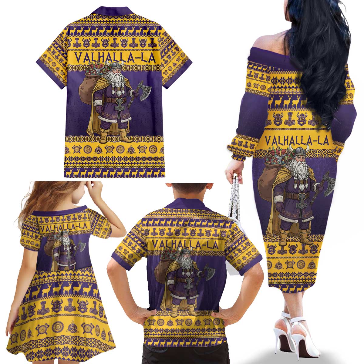 Merry Christmas from Vikingnations Family Matching Off The Shoulder Long Sleeve Dress and Hawaiian Shirt Valhalla-La Santa - Wonder Print Shop
