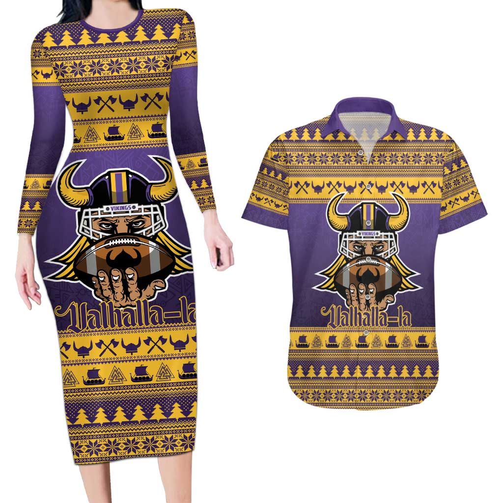 Viking-Inspired Football Christmas Couples Matching Long Sleeve Bodycon Dress and Hawaiian Shirt Valhalla-la Viking Warrior - Wonder Print Shop