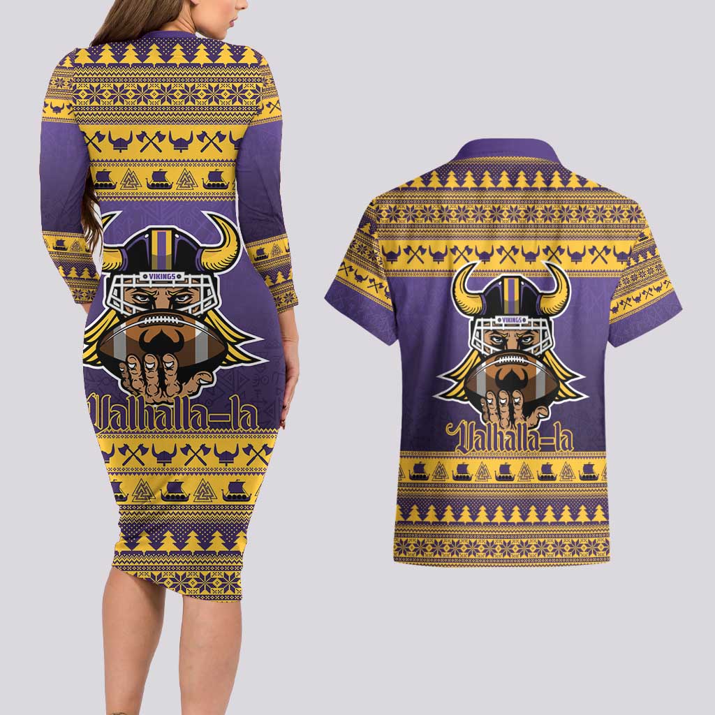 Viking-Inspired Football Christmas Couples Matching Long Sleeve Bodycon Dress and Hawaiian Shirt Valhalla-la Viking Warrior - Wonder Print Shop