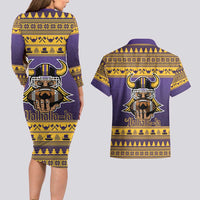 Viking-Inspired Football Christmas Couples Matching Long Sleeve Bodycon Dress and Hawaiian Shirt Valhalla-la Viking Warrior - Wonder Print Shop