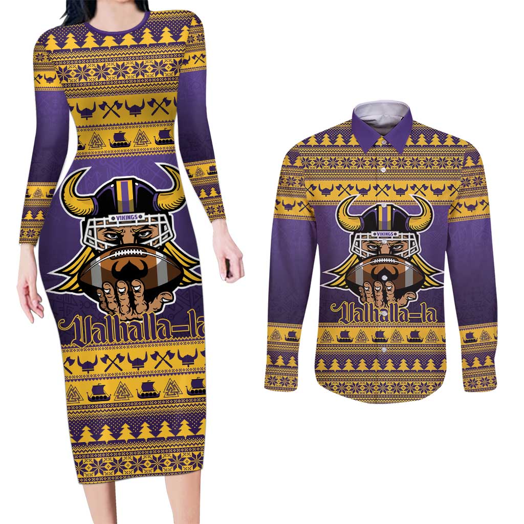 Viking-Inspired Football Christmas Couples Matching Long Sleeve Bodycon Dress and Long Sleeve Button Shirt Valhalla-la Viking Warrior - Wonder Print Shop