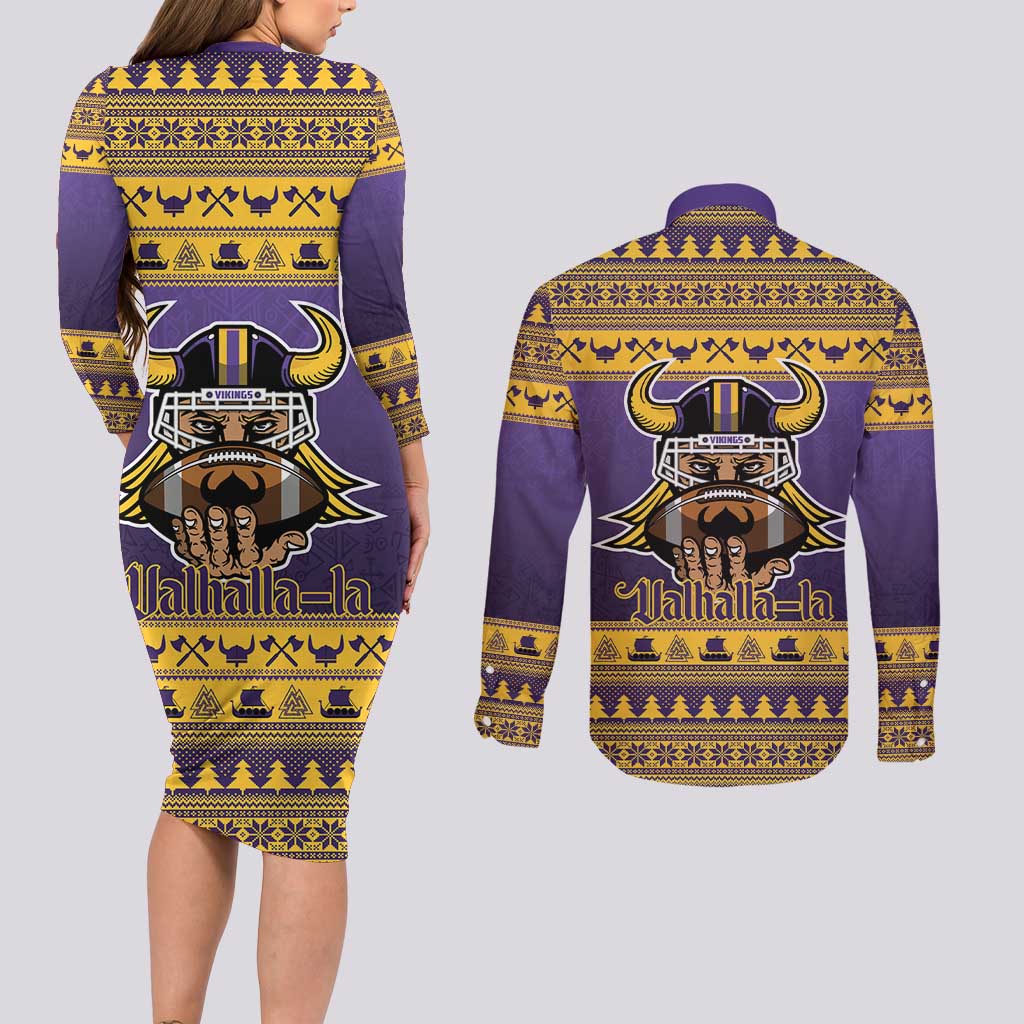 Viking-Inspired Football Christmas Couples Matching Long Sleeve Bodycon Dress and Long Sleeve Button Shirt Valhalla-la Viking Warrior - Wonder Print Shop
