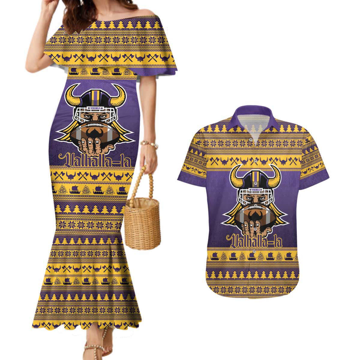 Viking-Inspired Football Christmas Couples Matching Mermaid Dress and Hawaiian Shirt Valhalla-la Viking Warrior - Wonder Print Shop
