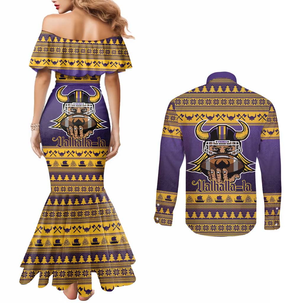 Viking-Inspired Football Christmas Couples Matching Mermaid Dress and Long Sleeve Button Shirt Valhalla-la Viking Warrior - Wonder Print Shop