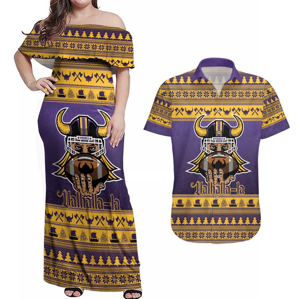 Viking-Inspired Football Christmas Couples Matching Off Shoulder Maxi Dress and Hawaiian Shirt Valhalla-la Viking Warrior - Wonder Print Shop