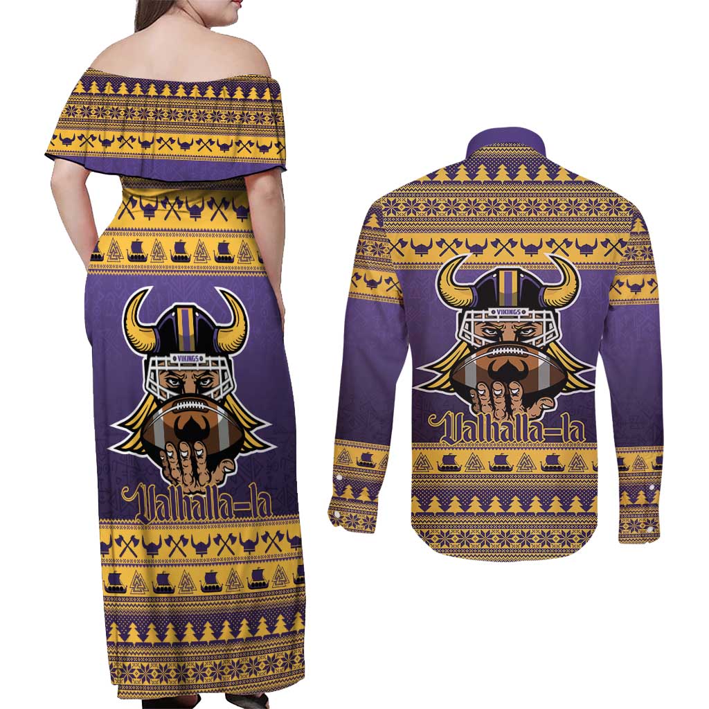 Viking-Inspired Football Christmas Couples Matching Off Shoulder Maxi Dress and Long Sleeve Button Shirt Valhalla-la Viking Warrior - Wonder Print Shop