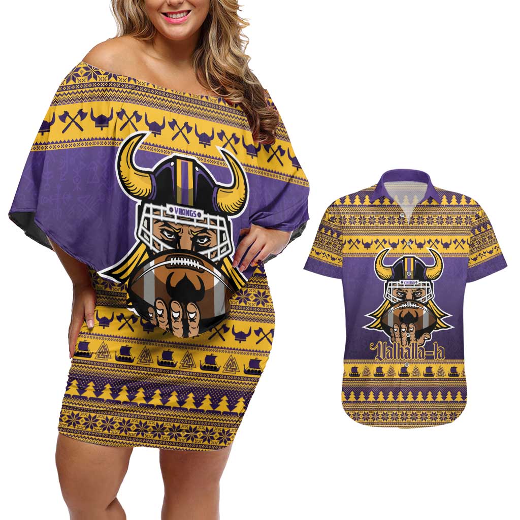 Viking-Inspired Football Christmas Couples Matching Off Shoulder Short Dress and Hawaiian Shirt Valhalla-la Viking Warrior - Wonder Print Shop
