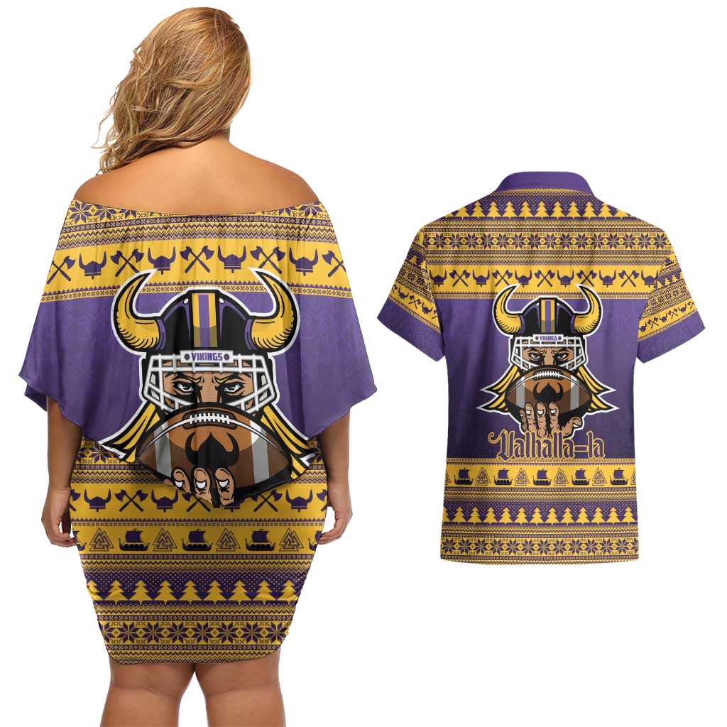 Viking-Inspired Football Christmas Couples Matching Off Shoulder Short Dress and Hawaiian Shirt Valhalla-la Viking Warrior - Wonder Print Shop