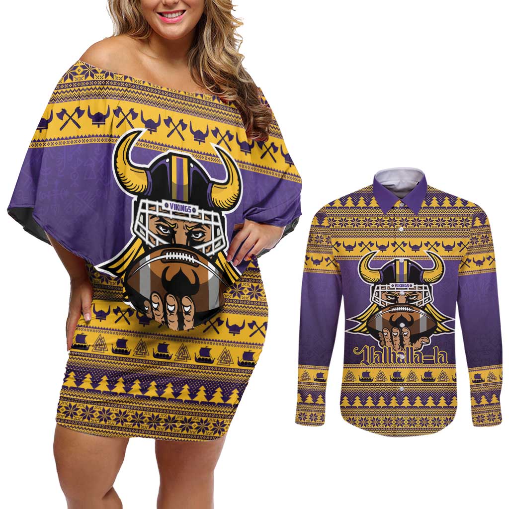 Viking-Inspired Football Christmas Couples Matching Off Shoulder Short Dress and Long Sleeve Button Shirt Valhalla-la Viking Warrior - Wonder Print Shop