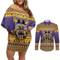 Viking-Inspired Football Christmas Couples Matching Off Shoulder Short Dress and Long Sleeve Button Shirt Valhalla-la Viking Warrior - Wonder Print Shop
