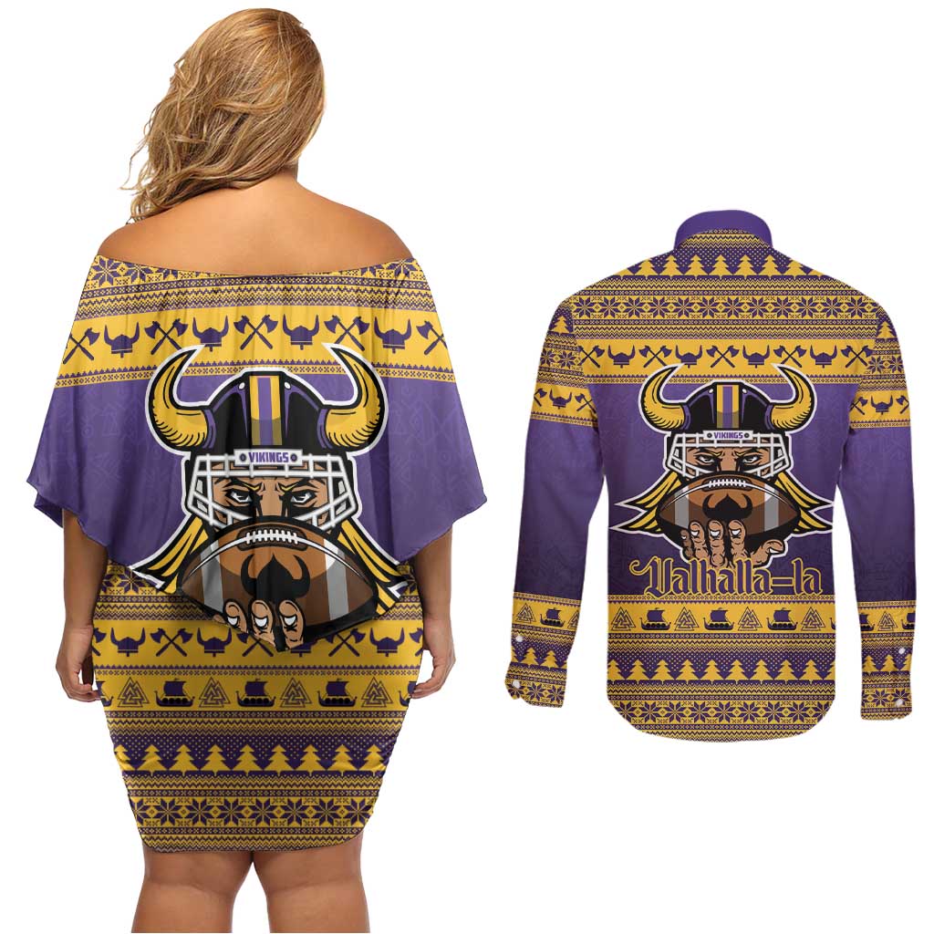 Viking-Inspired Football Christmas Couples Matching Off Shoulder Short Dress and Long Sleeve Button Shirt Valhalla-la Viking Warrior - Wonder Print Shop