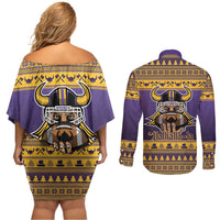 Viking-Inspired Football Christmas Couples Matching Off Shoulder Short Dress and Long Sleeve Button Shirt Valhalla-la Viking Warrior - Wonder Print Shop