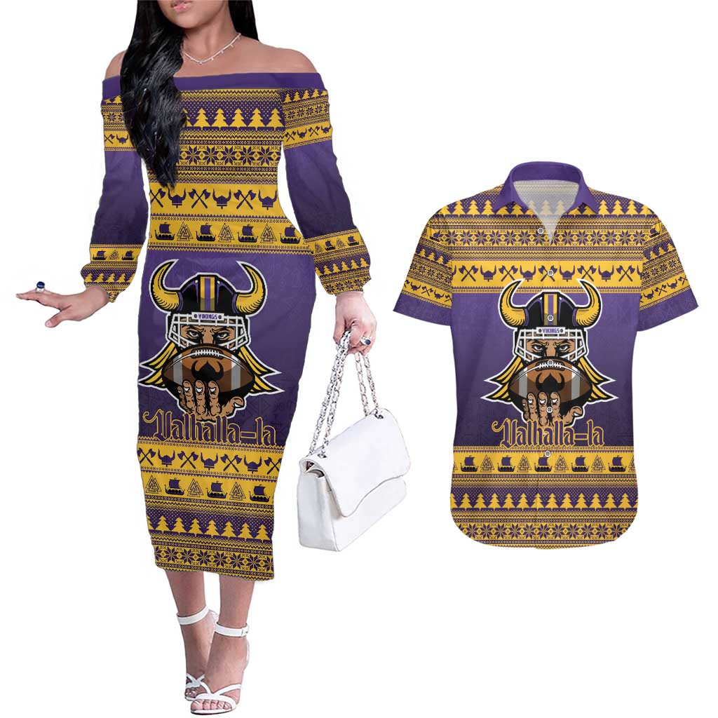 Viking-Inspired Football Christmas Couples Matching Off The Shoulder Long Sleeve Dress and Hawaiian Shirt Valhalla-la Viking Warrior - Wonder Print Shop