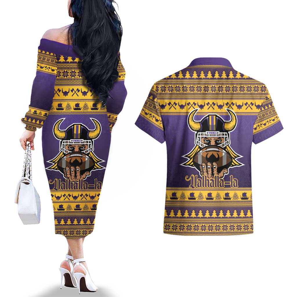 Viking-Inspired Football Christmas Couples Matching Off The Shoulder Long Sleeve Dress and Hawaiian Shirt Valhalla-la Viking Warrior - Wonder Print Shop