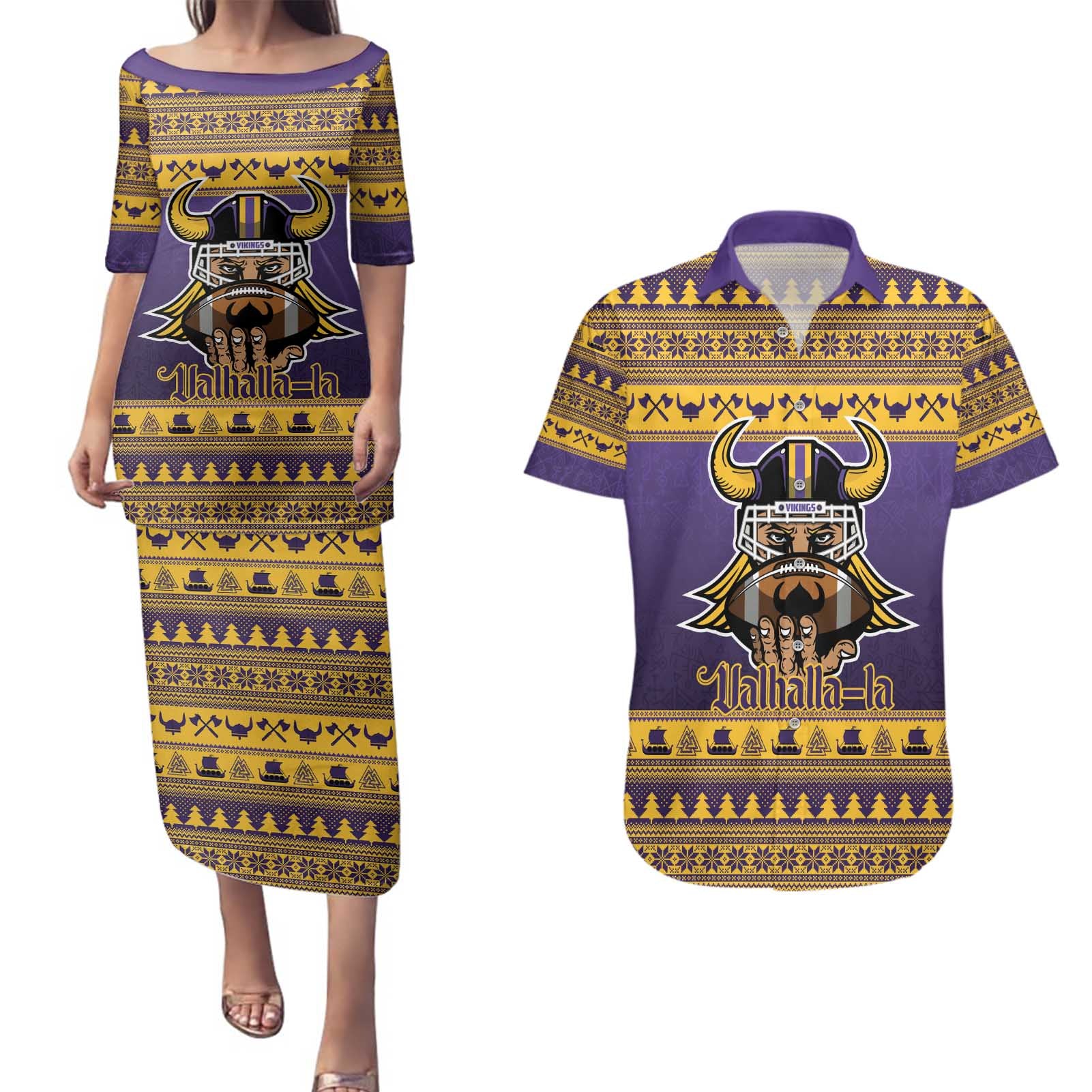 Viking-Inspired Football Christmas Couples Matching Puletasi and Hawaiian Shirt Valhalla-la Viking Warrior - Wonder Print Shop