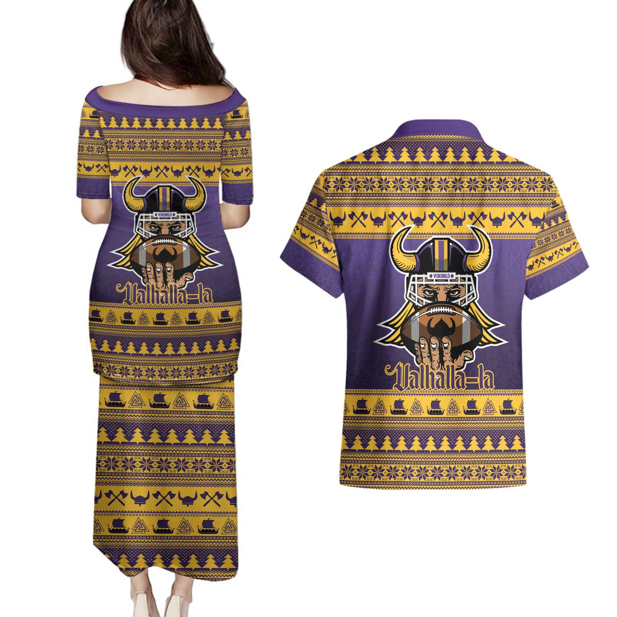 Viking-Inspired Football Christmas Couples Matching Puletasi and Hawaiian Shirt Valhalla-la Viking Warrior - Wonder Print Shop