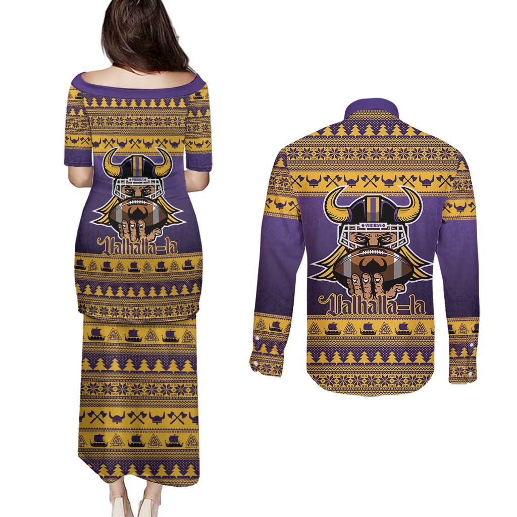 Viking-Inspired Football Christmas Couples Matching Puletasi and Long Sleeve Button Shirt Valhalla-la Viking Warrior - Wonder Print Shop