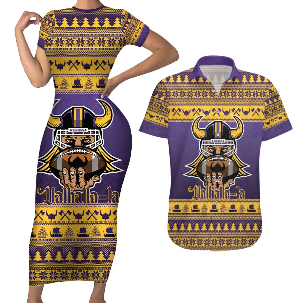 Viking-Inspired Football Christmas Couples Matching Short Sleeve Bodycon Dress and Hawaiian Shirt Valhalla-la Viking Warrior - Wonder Print Shop