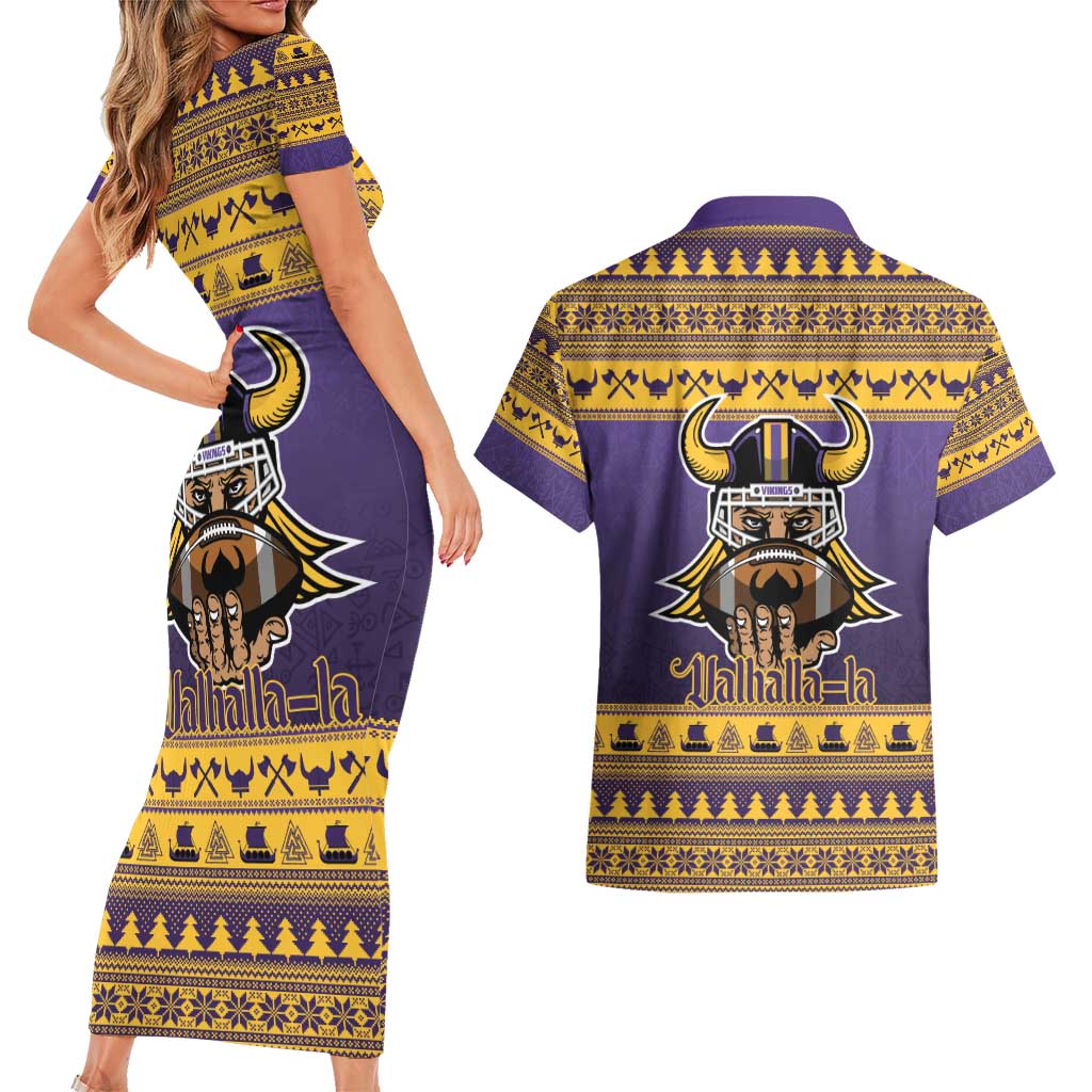 Viking-Inspired Football Christmas Couples Matching Short Sleeve Bodycon Dress and Hawaiian Shirt Valhalla-la Viking Warrior - Wonder Print Shop