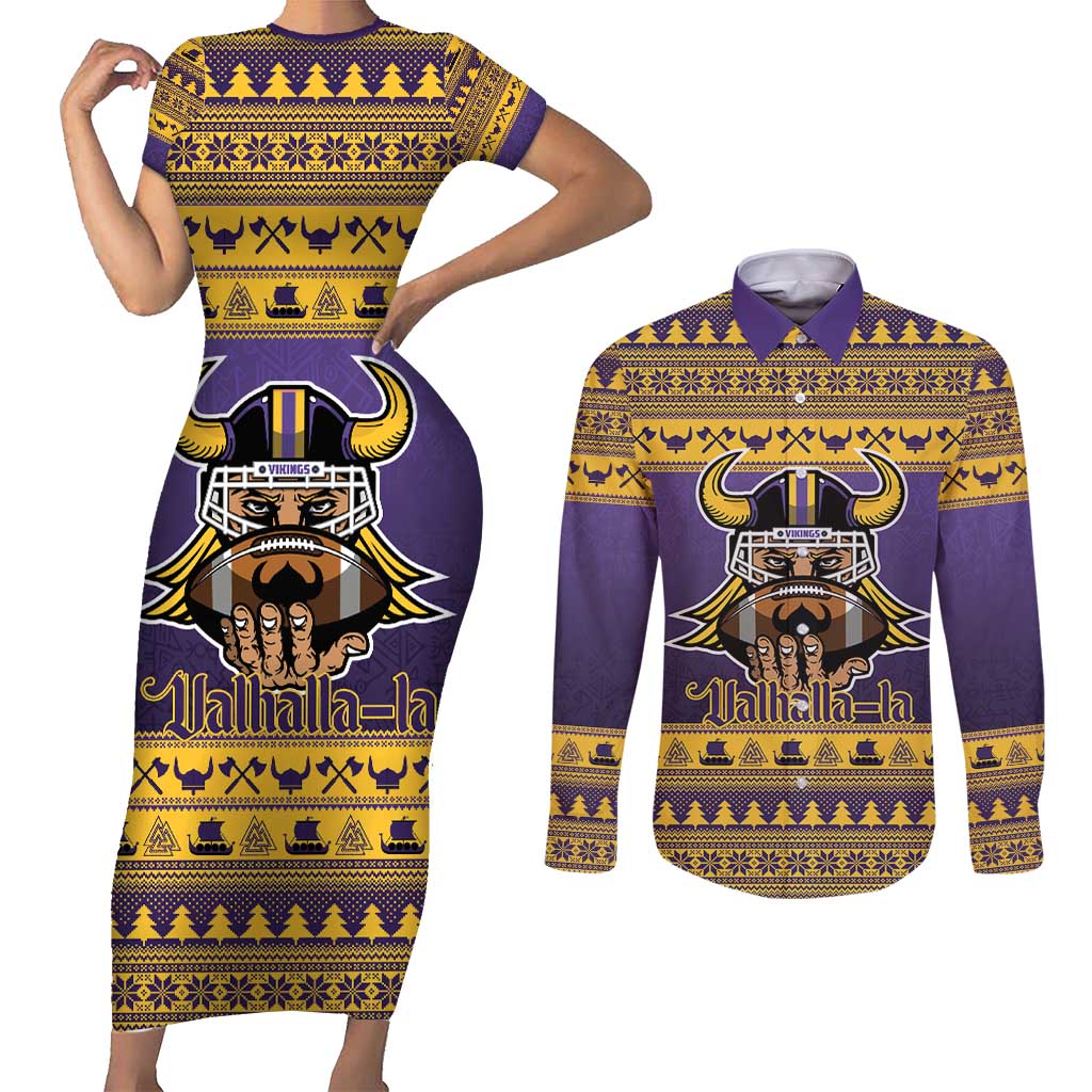Viking-Inspired Football Christmas Couples Matching Short Sleeve Bodycon Dress and Long Sleeve Button Shirt Valhalla-la Viking Warrior - Wonder Print Shop
