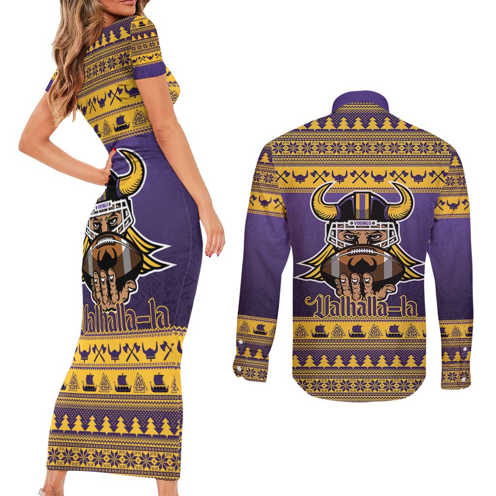 Viking-Inspired Football Christmas Couples Matching Short Sleeve Bodycon Dress and Long Sleeve Button Shirt Valhalla-la Viking Warrior - Wonder Print Shop