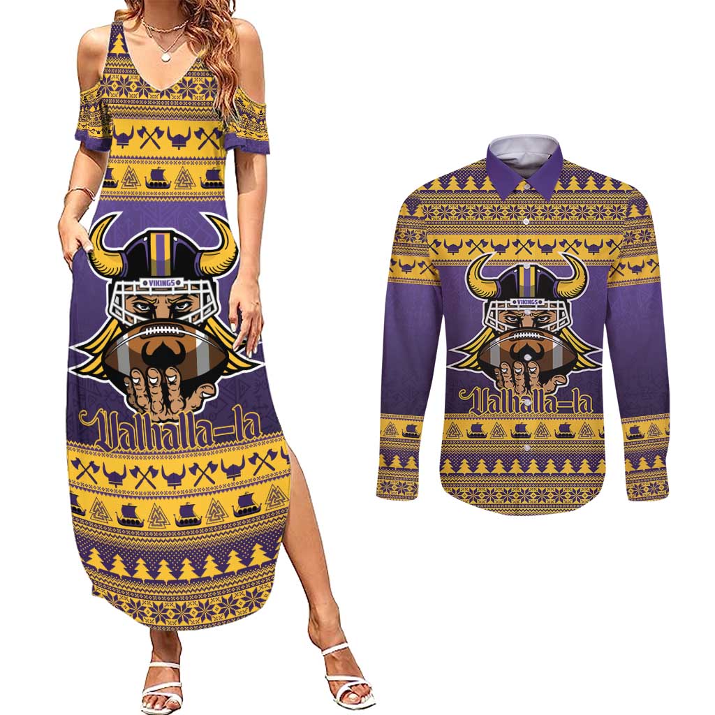 Viking-Inspired Football Christmas Couples Matching Summer Maxi Dress and Long Sleeve Button Shirt Valhalla-la Viking Warrior - Wonder Print Shop