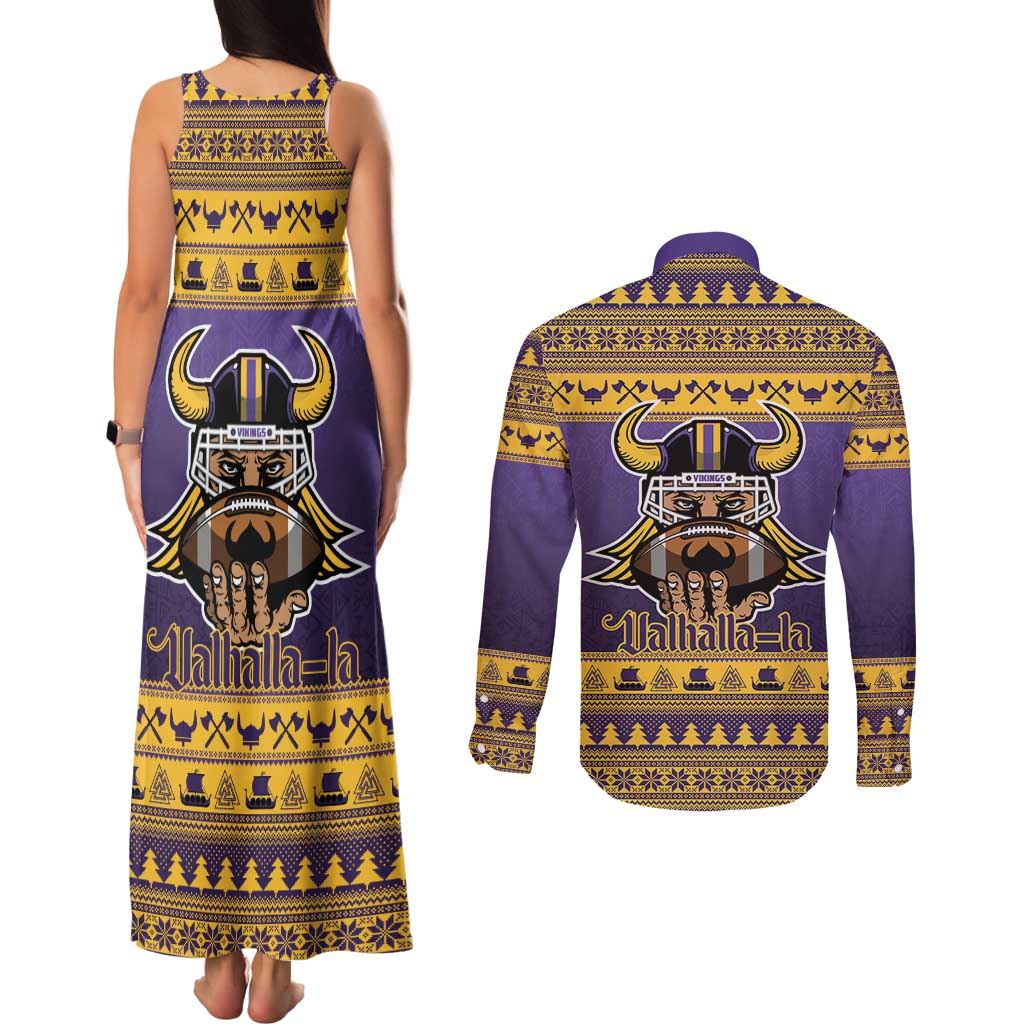Viking-Inspired Football Christmas Couples Matching Tank Maxi Dress and Long Sleeve Button Shirt Valhalla-la Viking Warrior - Wonder Print Shop