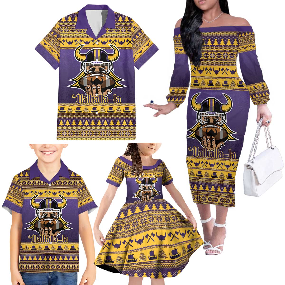 Viking-Inspired Football Christmas Family Matching Off The Shoulder Long Sleeve Dress and Hawaiian Shirt Valhalla-la Viking Warrior - Wonder Print Shop