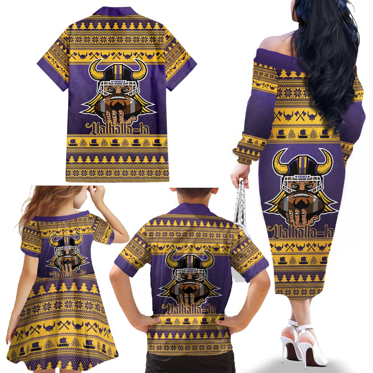 Viking-Inspired Football Christmas Family Matching Off The Shoulder Long Sleeve Dress and Hawaiian Shirt Valhalla-la Viking Warrior - Wonder Print Shop