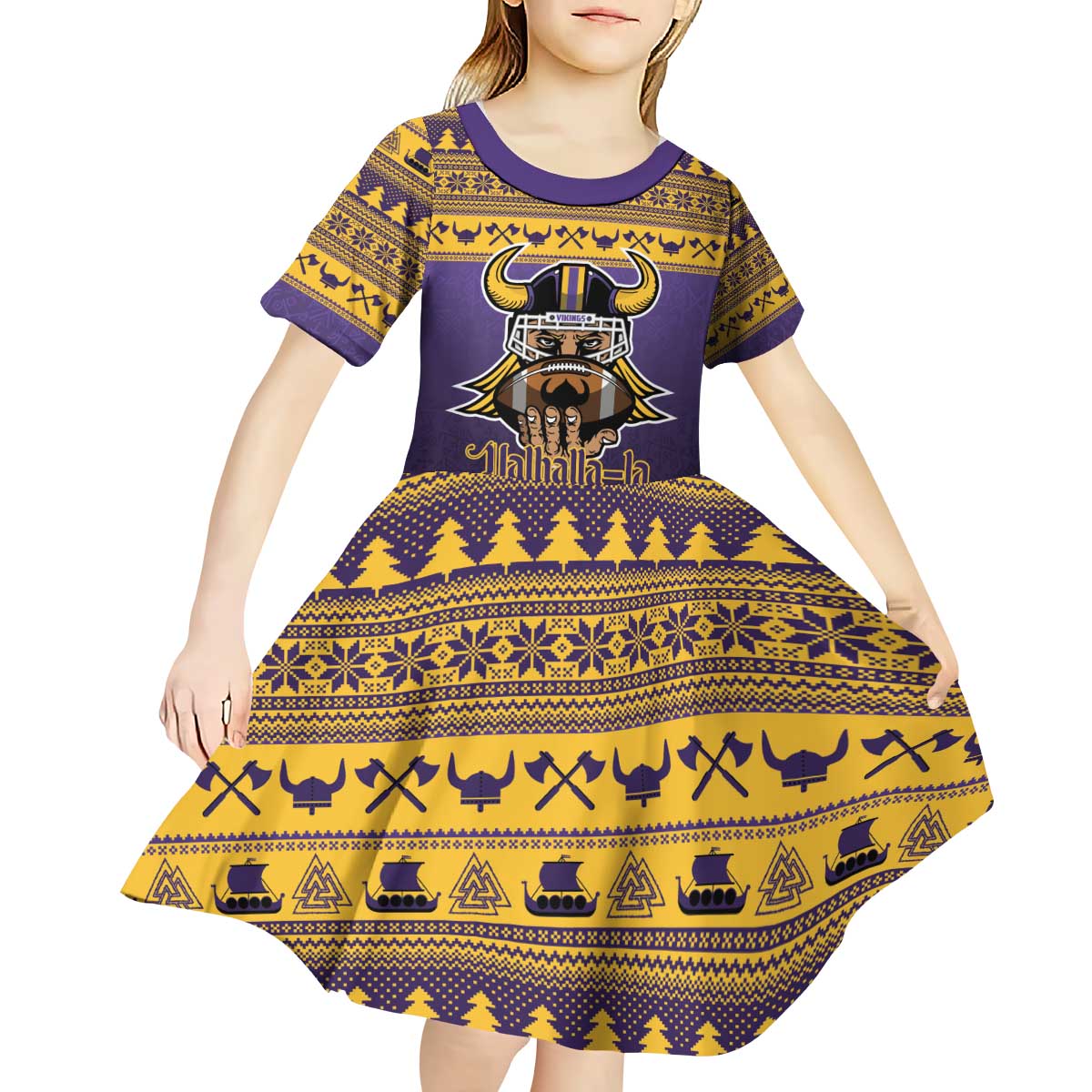 Viking-Inspired Football Christmas Kid Short Sleeve Dress Valhalla-la Viking Warrior - Wonder Print Shop