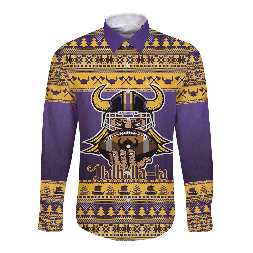 Viking-Inspired Football Christmas Long Sleeve Button Shirt Valhalla-la Viking Warrior - Wonder Print Shop