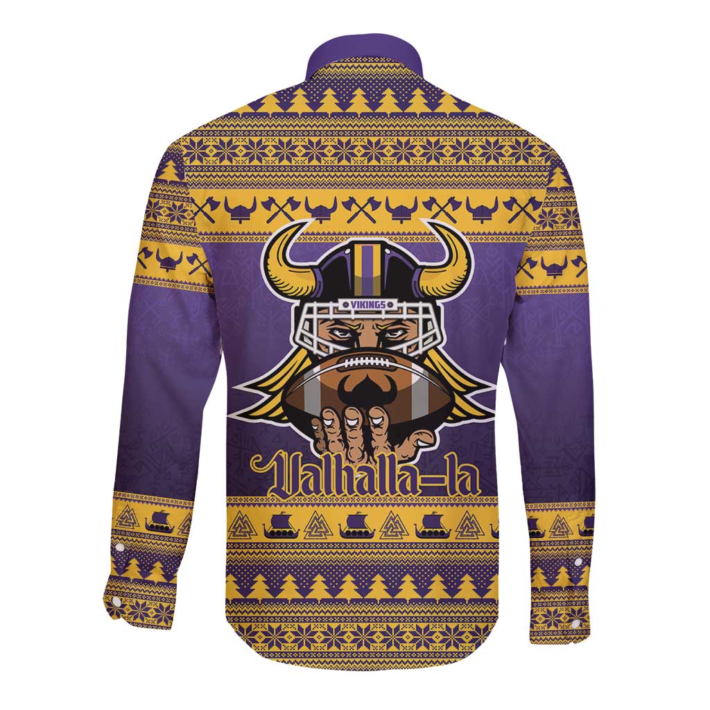 Viking-Inspired Football Christmas Long Sleeve Button Shirt Valhalla-la Viking Warrior - Wonder Print Shop