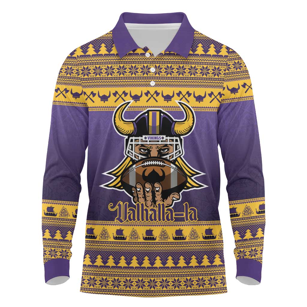 Viking-Inspired Football Christmas Long Sleeve Polo Shirt Valhalla-la Viking Warrior - Wonder Print Shop