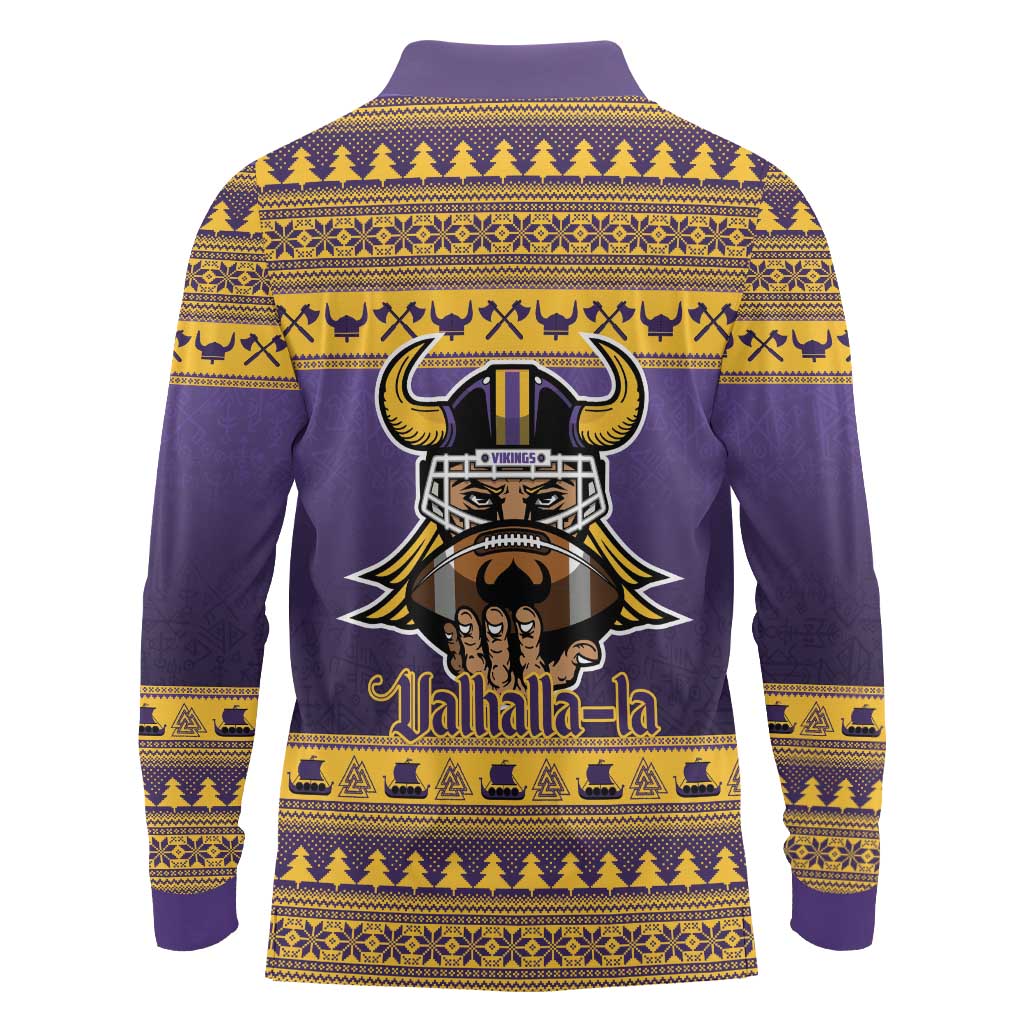 Viking-Inspired Football Christmas Long Sleeve Polo Shirt Valhalla-la Viking Warrior - Wonder Print Shop