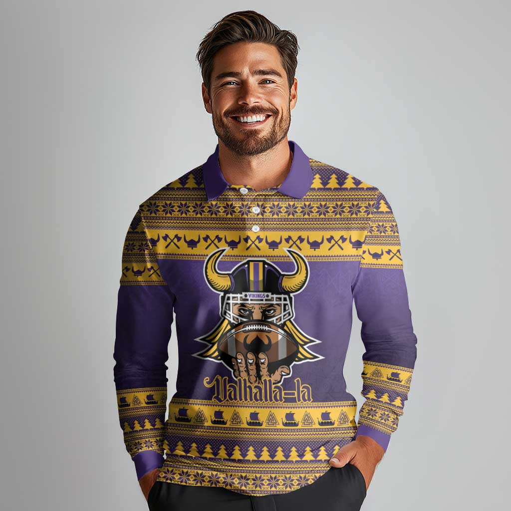 Viking-Inspired Football Christmas Long Sleeve Polo Shirt Valhalla-la Viking Warrior - Wonder Print Shop