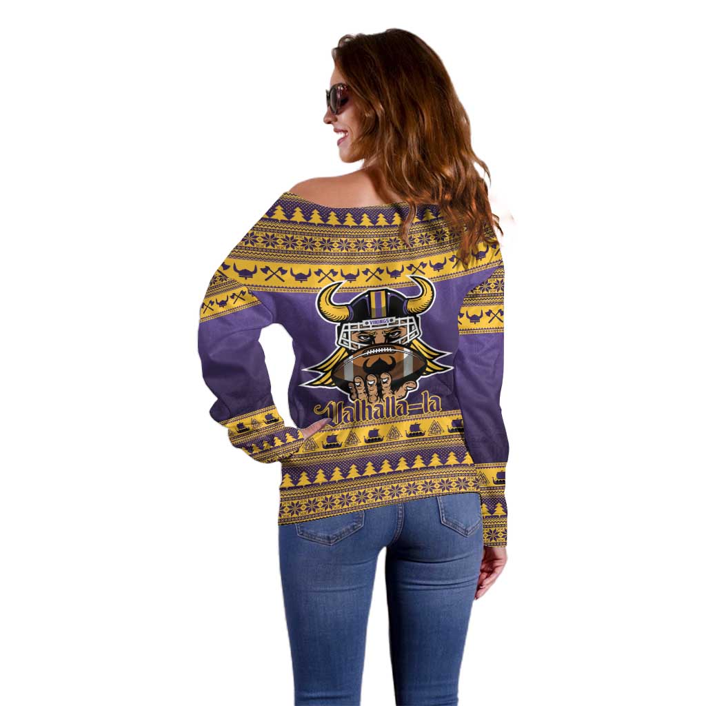 Viking-Inspired Football Christmas Off Shoulder Sweater Valhalla-la Viking Warrior - Wonder Print Shop