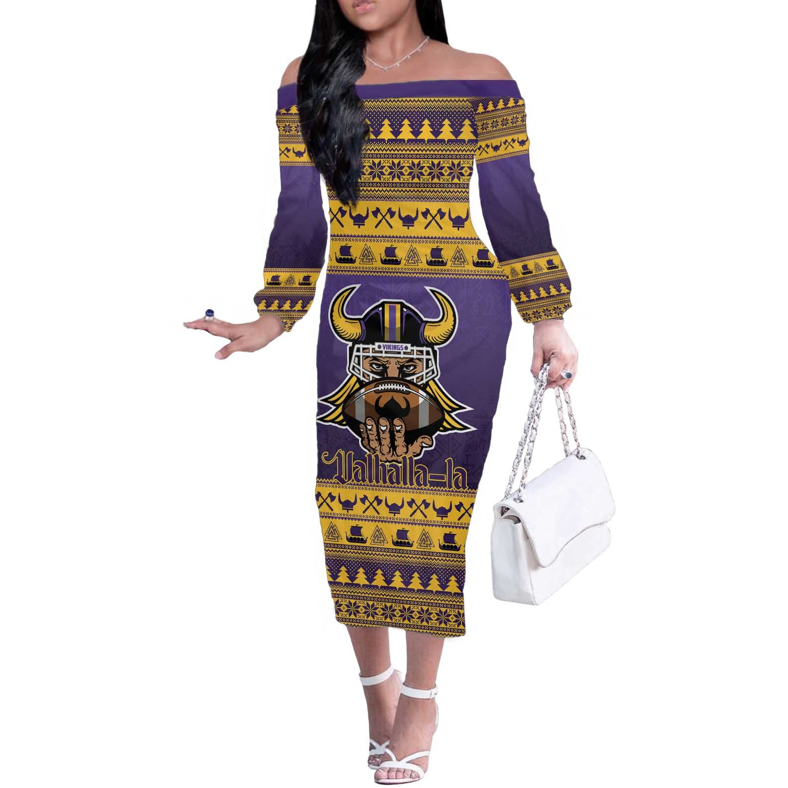 Viking-Inspired Football Christmas Off The Shoulder Long Sleeve Dress Valhalla-la Viking Warrior - Wonder Print Shop