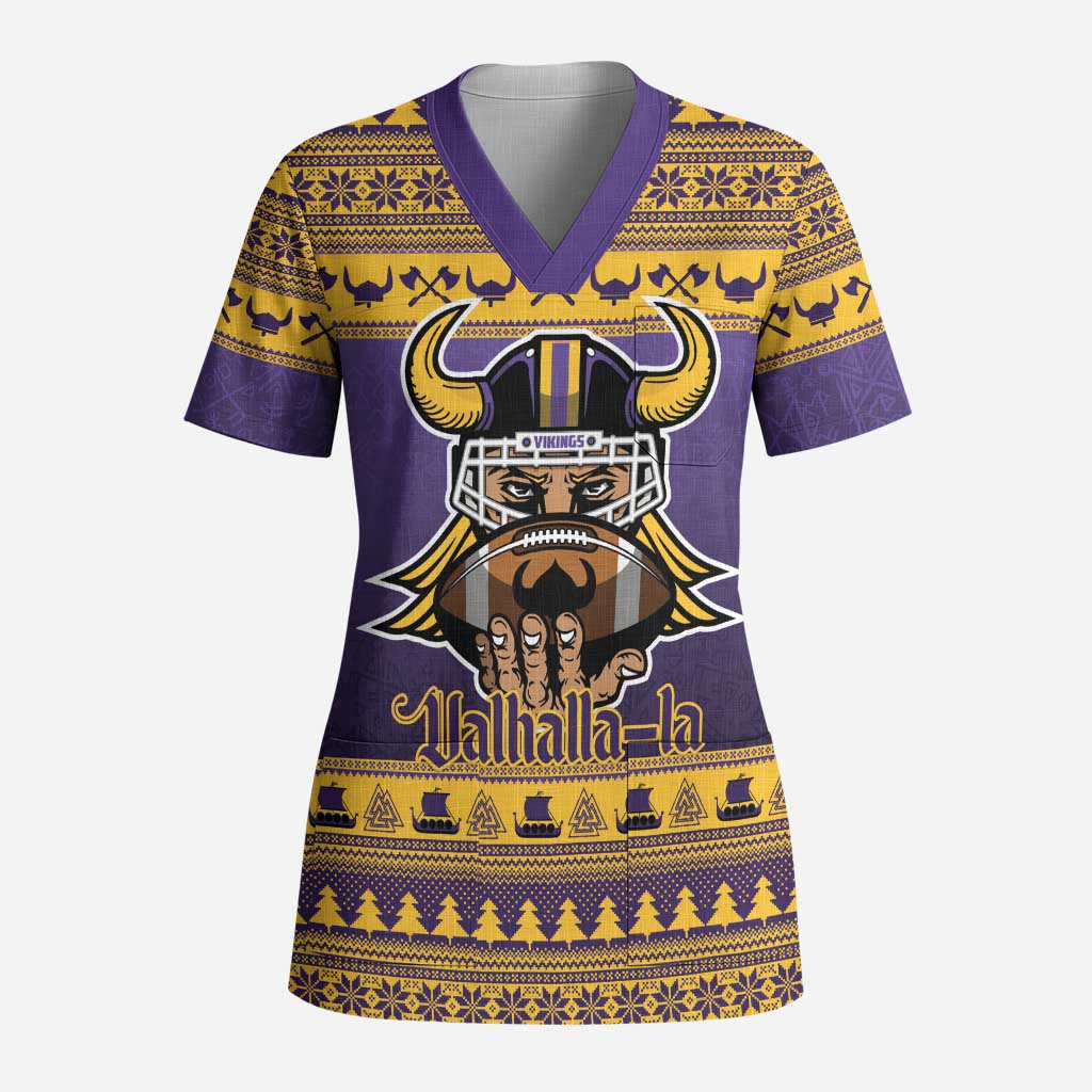 Viking-Inspired Football Christmas Scrub Top Valhalla-la Viking Warrior - Wonder Print Shop