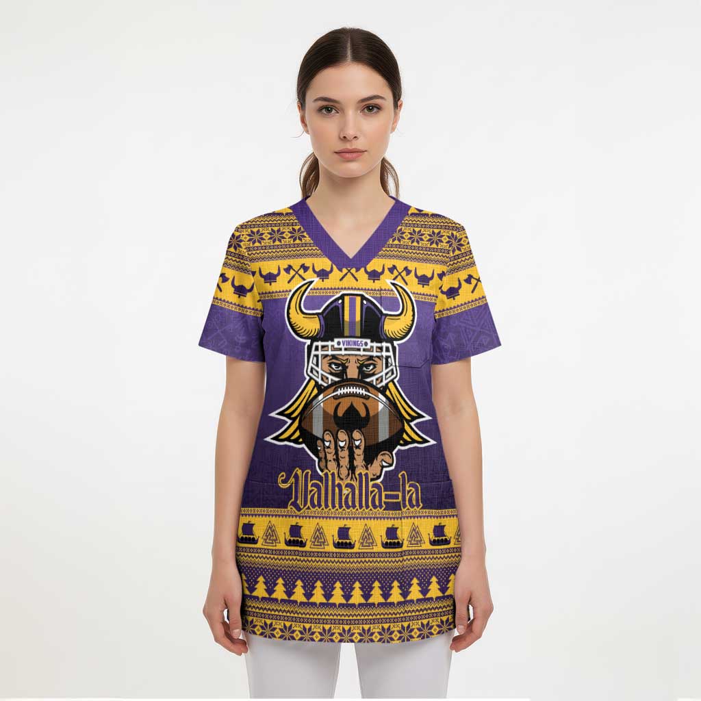 Viking-Inspired Football Christmas Scrub Top Valhalla-la Viking Warrior - Wonder Print Shop