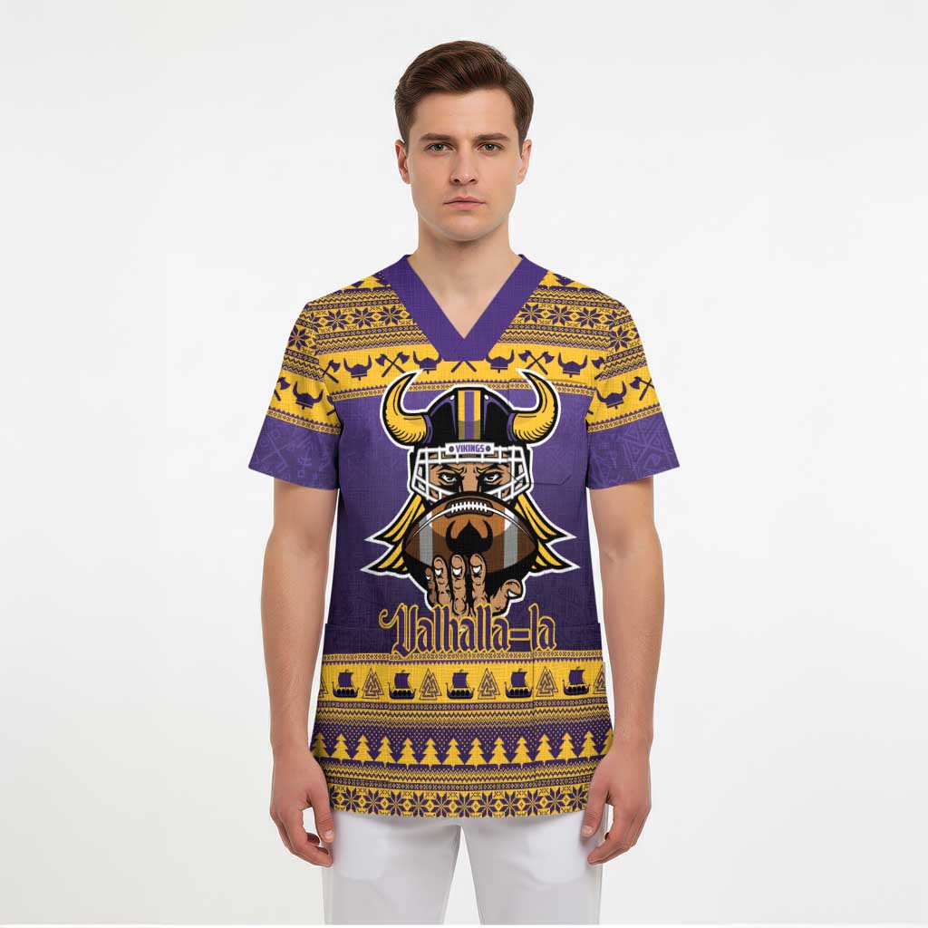 Viking-Inspired Football Christmas Scrub Top Valhalla-la Viking Warrior - Wonder Print Shop