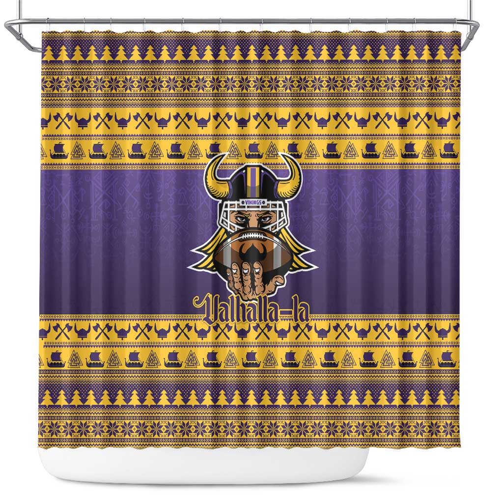 Viking-Inspired Football Christmas Shower Curtain Valhalla-la Viking Warrior - Wonder Print Shop
